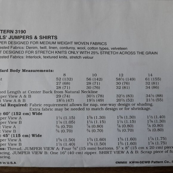 Girls Dress Top Sewing Pattern Jumpers Shirts Sizes 8-14 Kwik Sew 3190 UNCUT - Picture 6 of 8